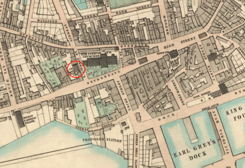 Street map showing the centre of Dundee, with the site of School Wynd Church indicated by a superimposed red circle.