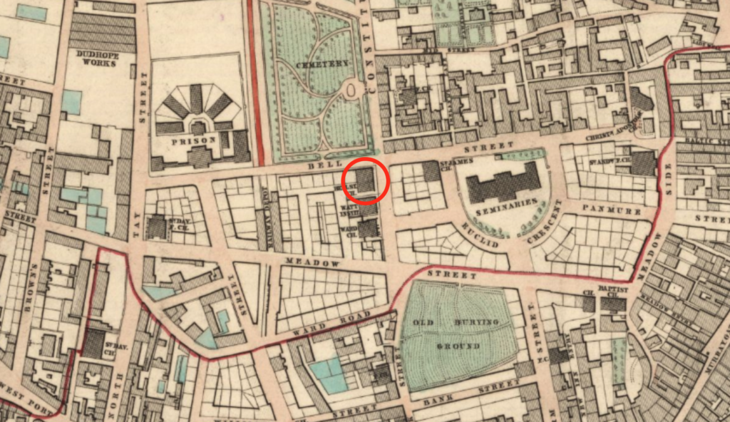 Colour street map of Dundee showing location of Bell Street Chapel on the corner of Bell Street and Constitution Road.