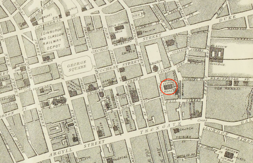 Monochrome engraving of a street map showing centre of Glasgow, with City Hall marked in a red circle.